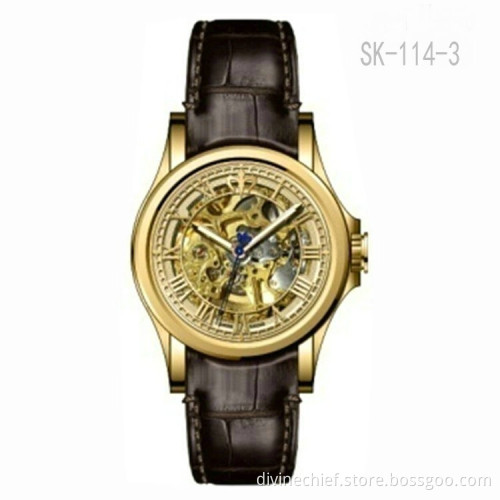 Factory Custom Watch Genuine Leather Watch Band Skeleton Movement Men Wrist Watches